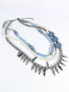 Chico’s 3 Strand Faux White Pearl, Blue and Gray Beads and Blue Fabric Beads